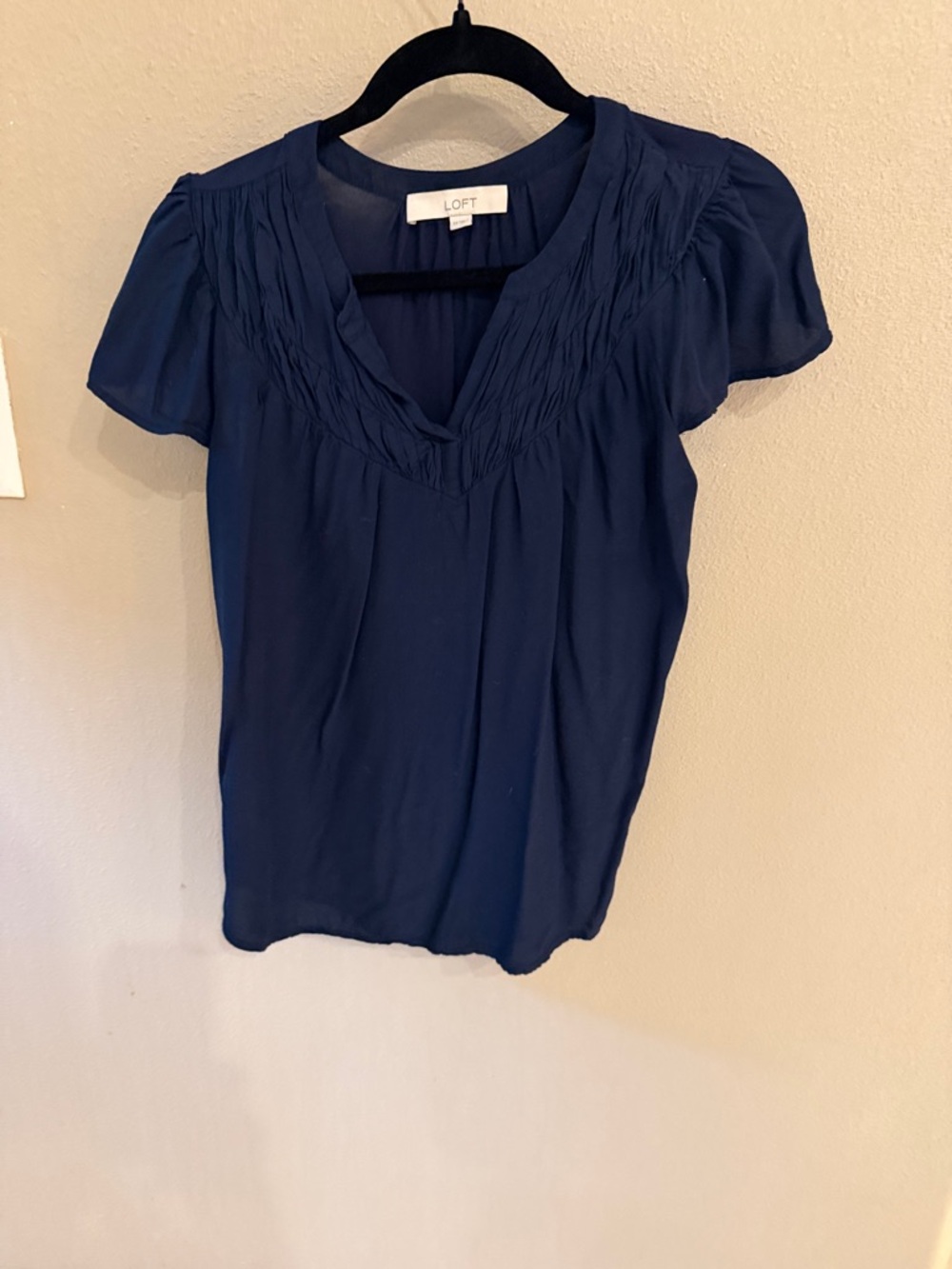 LOFT Deep Blue Pleated Scoop Neck Short Sleeve Blouse